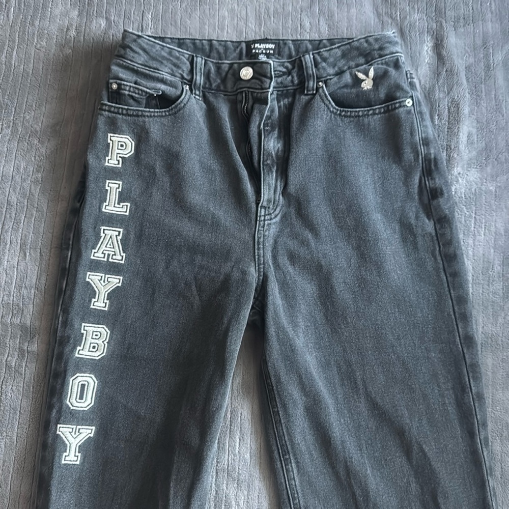 high rise black playboy jeans with bell bottoms